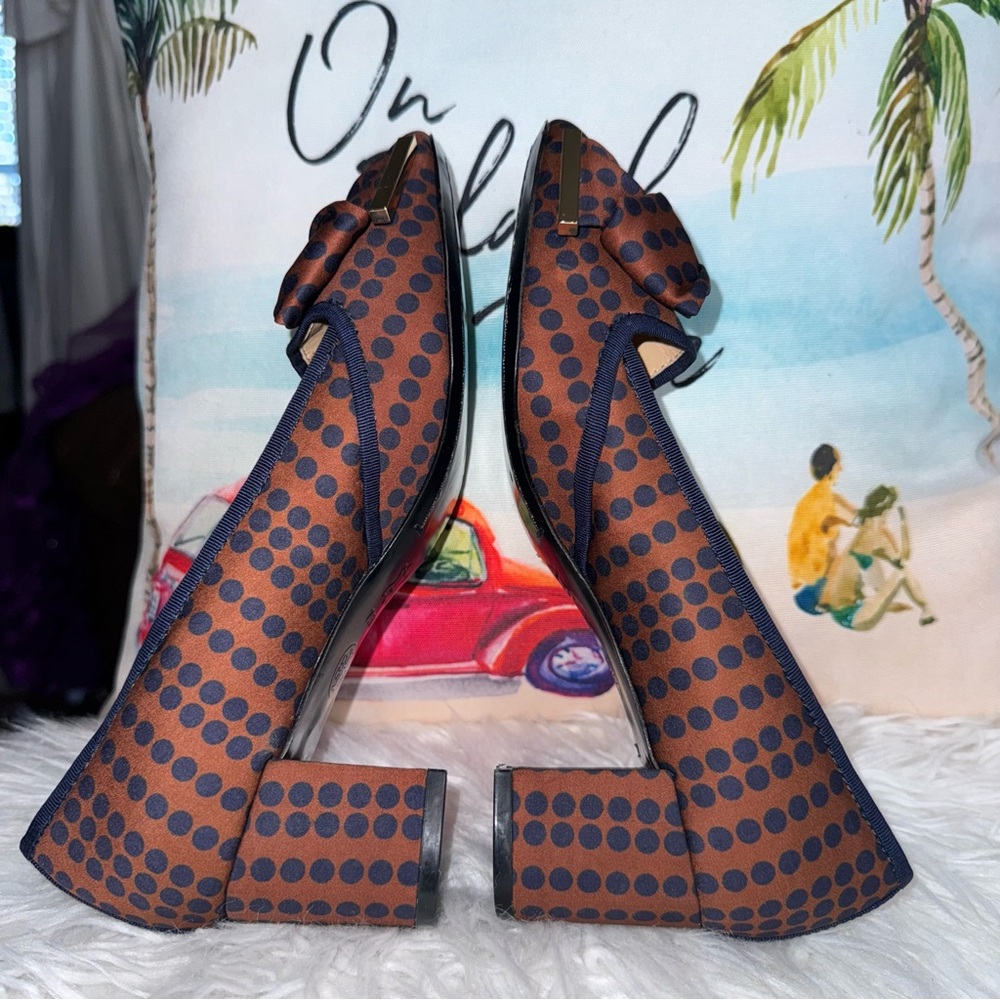 Tory Burch Bow Accent Polka Dot Chunky Heels In Brown & Navy Blue Size 7.5 - Picture 10 of 14